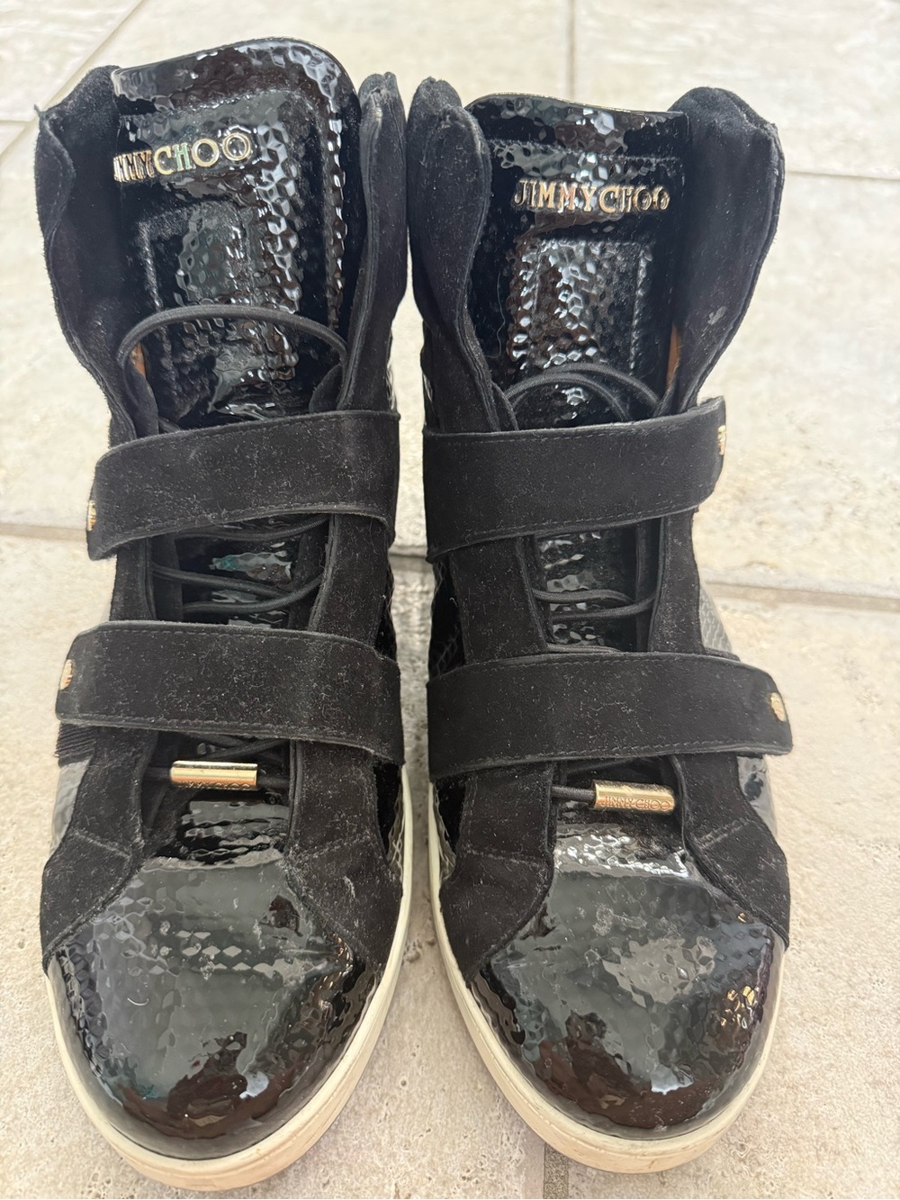 Jimmy Choo Black Suede and Patent High-Top Sneakers with Gold Accents